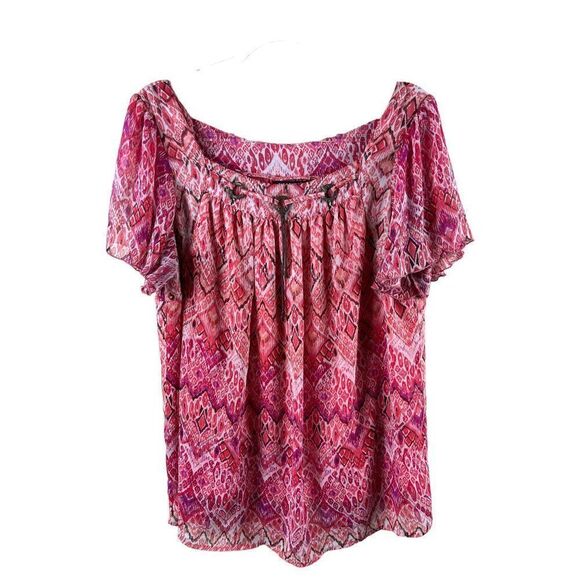 Zac & Rachel Woman Geometric Printed Chiffon Flutter Sleeve Blouse 1X Pink Boho - Picture 1 of 8